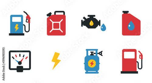 Colorful icons representing various energy sources and automotive components high quality
