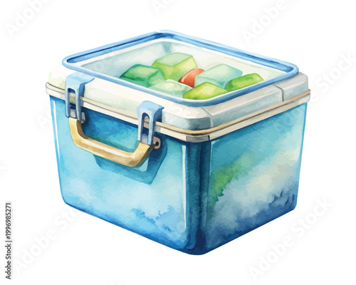 Watercolor Cooler Box Clipart, Summer Picnic Ice Container Illustration, Isolated on White