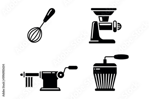 Vintage Kitchen Tool Icons in Silhouette Style, Manual Food Preparation Utensils Vector Illustration for Cooking, Culinary, and Retro Design Graphics
