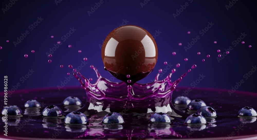 Naklejka premium A glossy chocolate sphere drops into a pool of vibrant purple liquid, creating a dramatic splash with scattered blueberries