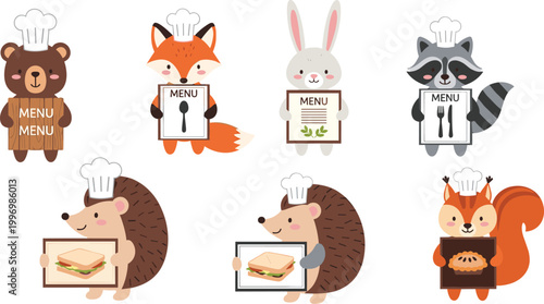 Animal Chef Vector Set with Bear, Fox, Rabbit, Raccoon, Hedgehog, and Squirrel Holding Menu, Food, and Sandwich Signs for Kids' Restaurant Art, Culinary Designs, and Playful Illustrations