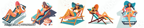 vector of a woman sunbathing on the beach during summer