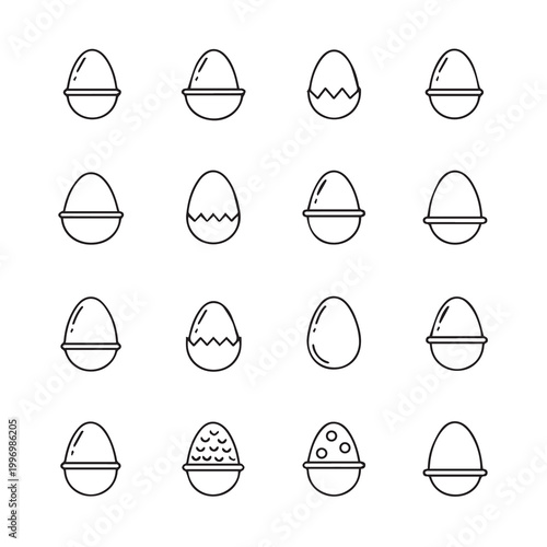 Collection of stylized egg icons in a grid pattern with clean lines and minimalist design