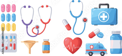 Medical Healthcare Vector Icons Set with Stethoscope Pills Ambulance First Aid Kit