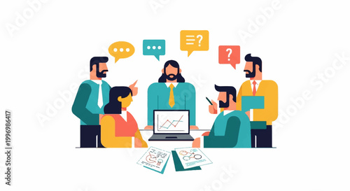 Diverse business team collaborating in an active meeting, discussing ideas and analyzing data with charts on a laptop for strategic planning.