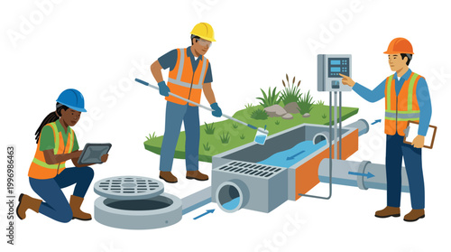 Diverse Team of Industry Workers Inspecting Water Drainage System and Environmental Infrastructure Maintenance Vector Illustration