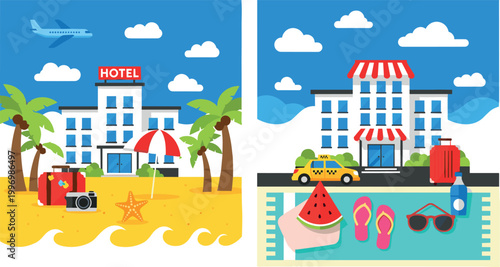Beach and City Hotel Vacation Vector Set with Airplane Taxi Pool and Luggage