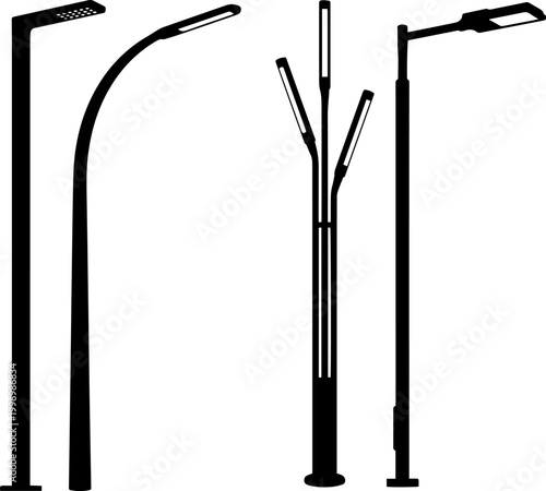 Collection of various street lamp posts in silhouette	
