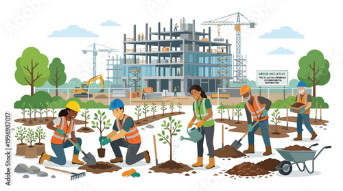 Sustainable Construction Site with Tree Planting Workers Illustrating Green Industry and Environmental Restoration Efforts