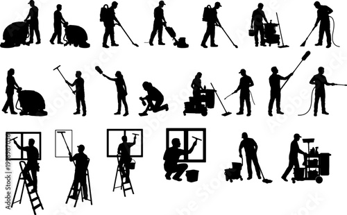 Professional cleaning service staff and janitors with equipment silhouette set