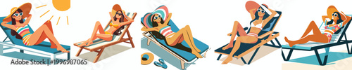vector of a woman sunbathing on the beach during summer