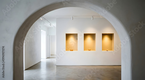 Contemporary art gallery with three illuminated niches through archway
