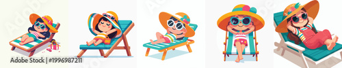 vector of a little girl sunbathing on the beach during summer