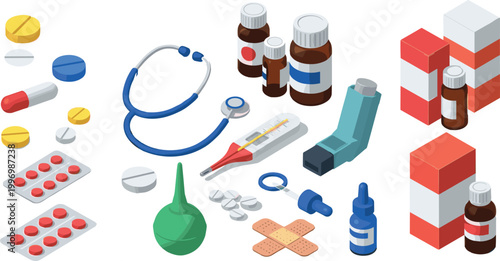 Isometric Medical Pharmacy Vector Set with Pills Stethoscope Thermometer Inhaler Medicine Bottles