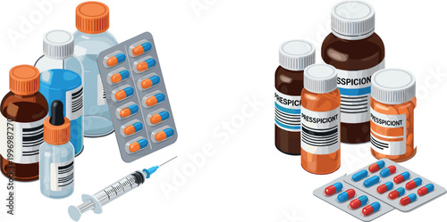 Isometric Medicine Pharmacy Bottles Capsules Syringe Blister Pack Vector Illustration Set