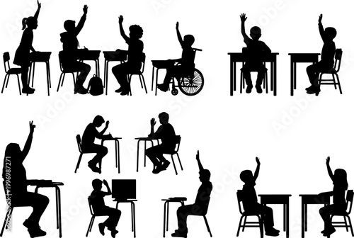 School children and students sitting at desks raising hands silhouette set
