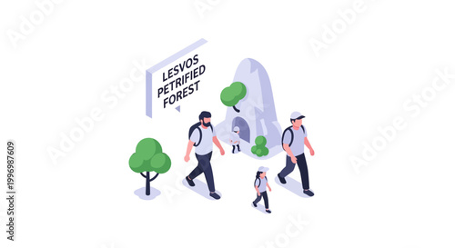 Isometric Illustration of Tourists Exploring Lesvos Petrified Forest.