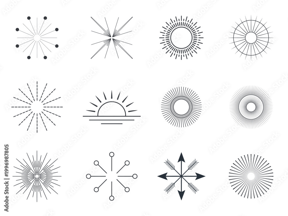 Obraz premium Geometric Sunburst and Radial Light Beam Line Icon Set