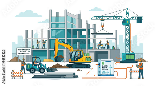 Low Emission Construction Site Illustration Electric Powered Workers Building Modern Structure Sustainable Industry Vector