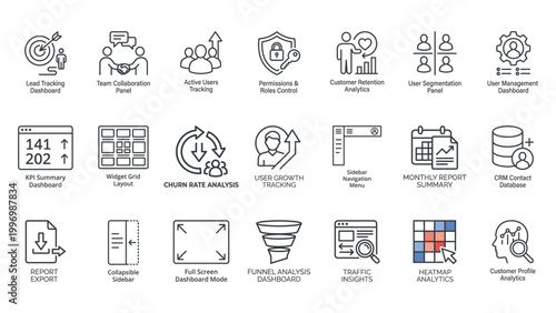 CRM and Business Dashboard Analytics Line Icon Set