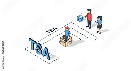 Isometric Illustration of TSA Security Checkpoint with Travelers and Personnel.