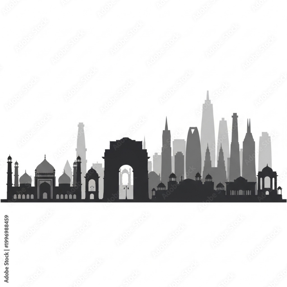 Obraz premium A black and gray silhouette of the New Delhi skyline with modern skyscrapers and historic monuments