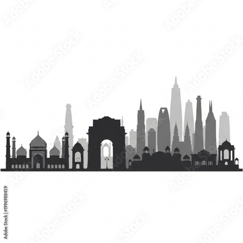 A black and gray silhouette of the New Delhi skyline with modern skyscrapers and historic monuments