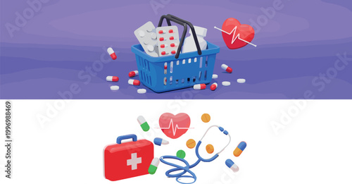 Online Pharmacy Shopping Concept Vector with Medicine Basket First Aid Stethoscope Heart