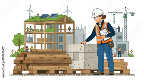 Sustainable Construction Site with Female Architect Examining Building Materials Eco Friendly Development and Renewable Energy