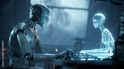 Robot and holographic AI interacting