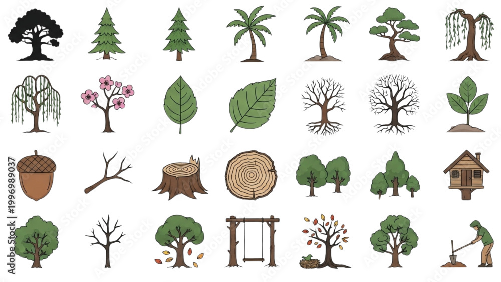 Fototapeta premium Diverse Botanical Elements: A collection of various trees, leaves and other related botanical elements, offering a rich array of design assets for any project. 