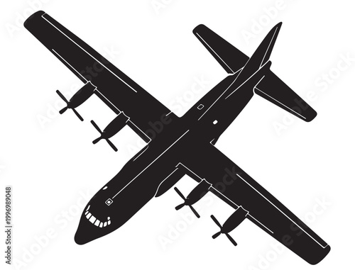 Military Transport Aircraft Silhouette Vector, Cargo Airplane in Flight, Black and White Aviation Illustration