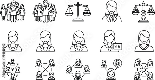 Gender Equality and Legal Justice Icon Set Featuring Women Empowerment, Gender Balance, Scales of Justice, and Social Justice Symbols
