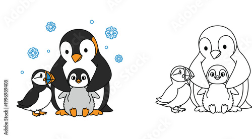 Cute Penguin Family with Puffin and Baby Penguin in Winter - Cartoon Vector Illustration with Snowflakes