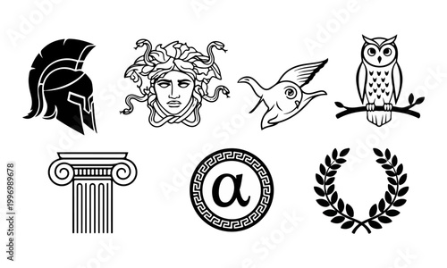 Ancient Greece Icons Set with Spartan Helmet Medusa and Owl
