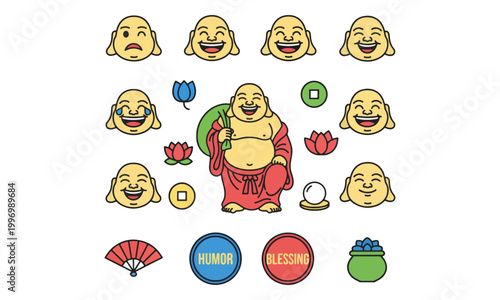 Laughing Buddha Hotei Cartoon Character Face Emoji and Symbols Set