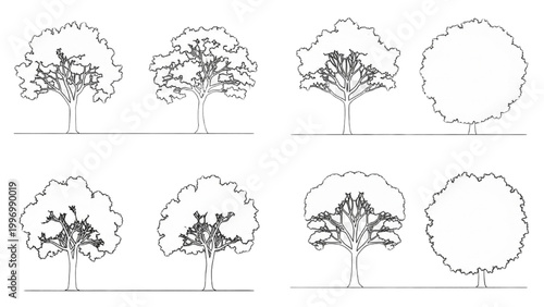 2D AutoCAD designs showcase various tree structures and shapes