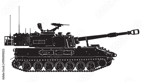 Self Propelled Howitzer Silhouette Vector, Armored Artillery Vehicle, Black and White Military Illustration
