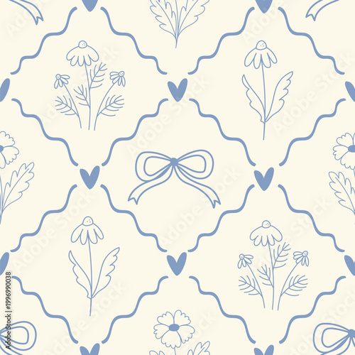 A seamless pattern with blue daisies, bows and a playful lattice pattern. Perfect for textiles, wallpaper, wrapping paper, and romantic vintage-inspired decor.
