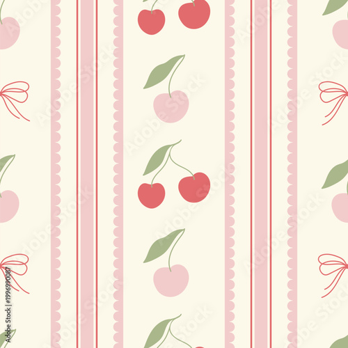 Seamless floral striped pattern in Regency style with cherries. Perfect for textiles, wallpaper, wrapping paper, and romantic vintage decor.