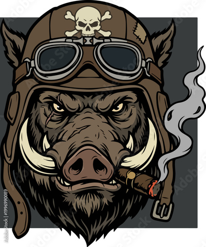 Aggressive wild boar aviator with cigar vector illustration.