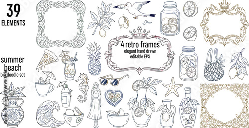 Summer beach doodle elements with retro ornamental frames vector set tropical seaside objects decorative handdrawn illustration collection