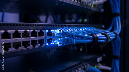 Network server with illuminated blue cables, showcasing data transfer and digital technology