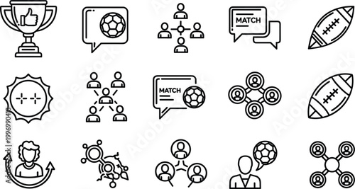 Sports Match and Trophy Icon Set Featuring Football, Teamwork, Networking, and Competition Symbols