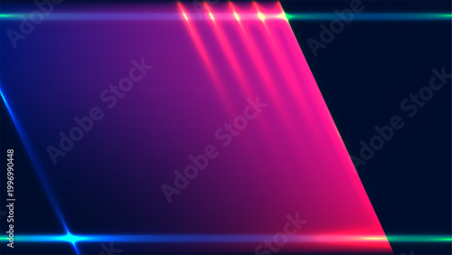 abstract neon geometric background with purple parallelogram and pink light streaks on dark blue blue background with glow lines for futuristic technology and gaming banner design