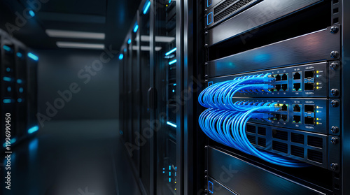 Data center, server rack with network cables, hosting technology concept. A close-up view of the interior of a data center. The servers are interconnected by many blue network cables