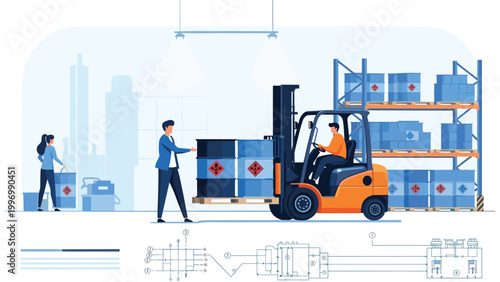 Workers in a warehouse using a forklift to move hazardous material barrels, illustrating industrial logistics, safety, and chemical storage.
