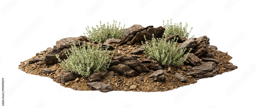 Obraz premium shrub, rock, plant, garden, landscaping, isolated, nature. Realistic Mediterranean xeriscaping element featuring green bushes and dark slate stones for architectural visualization.