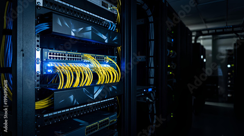 A Server rack filled with network cables and equipment. Blue and yellow network cables with dark background in datacenter.