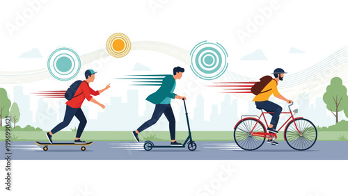 Three young men actively moving on a skateboard, scooter, and bicycle in an urban environment, depicting speed, sport, and modern mobility.